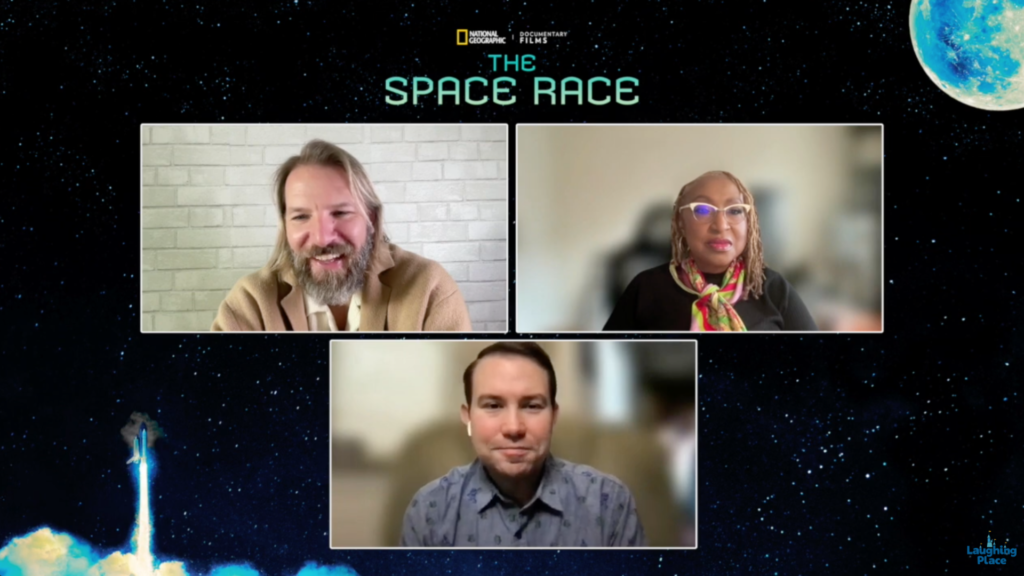 Cortés Filmworks: Screenshot of a virtual panel discussion titled "The Space Race" by National Geographic Documentary Films, Lakisay Media, and Cortés Filmworks. Three participants are visible: a bearded man in a tan jacket, Lisa Cortés wearing a scarf, and a man in a blue patterned shirt. : CortesFilmworks.com