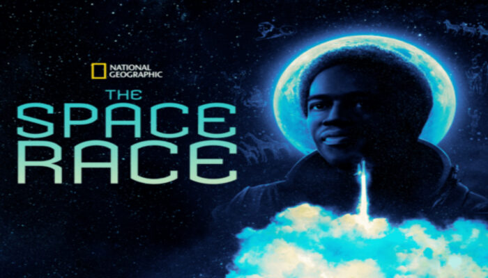 Cortés Filmworks: A promotional image for "The Space Race" by National Geographic, created by Cortés Filmworks, features a person with a glowing outline of a spacesuit helmet, set against a cosmic background with a rocket launch below them. The bold title "The Space Race" is prominently displayed on the left. : CortesFilmworks.com